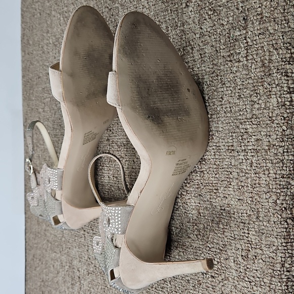 Jessica Simpson Hipp Taupe Faux Suede Sparkly Rhinestones Strappy Heels Sz 9.5 - Picture 6 of 9